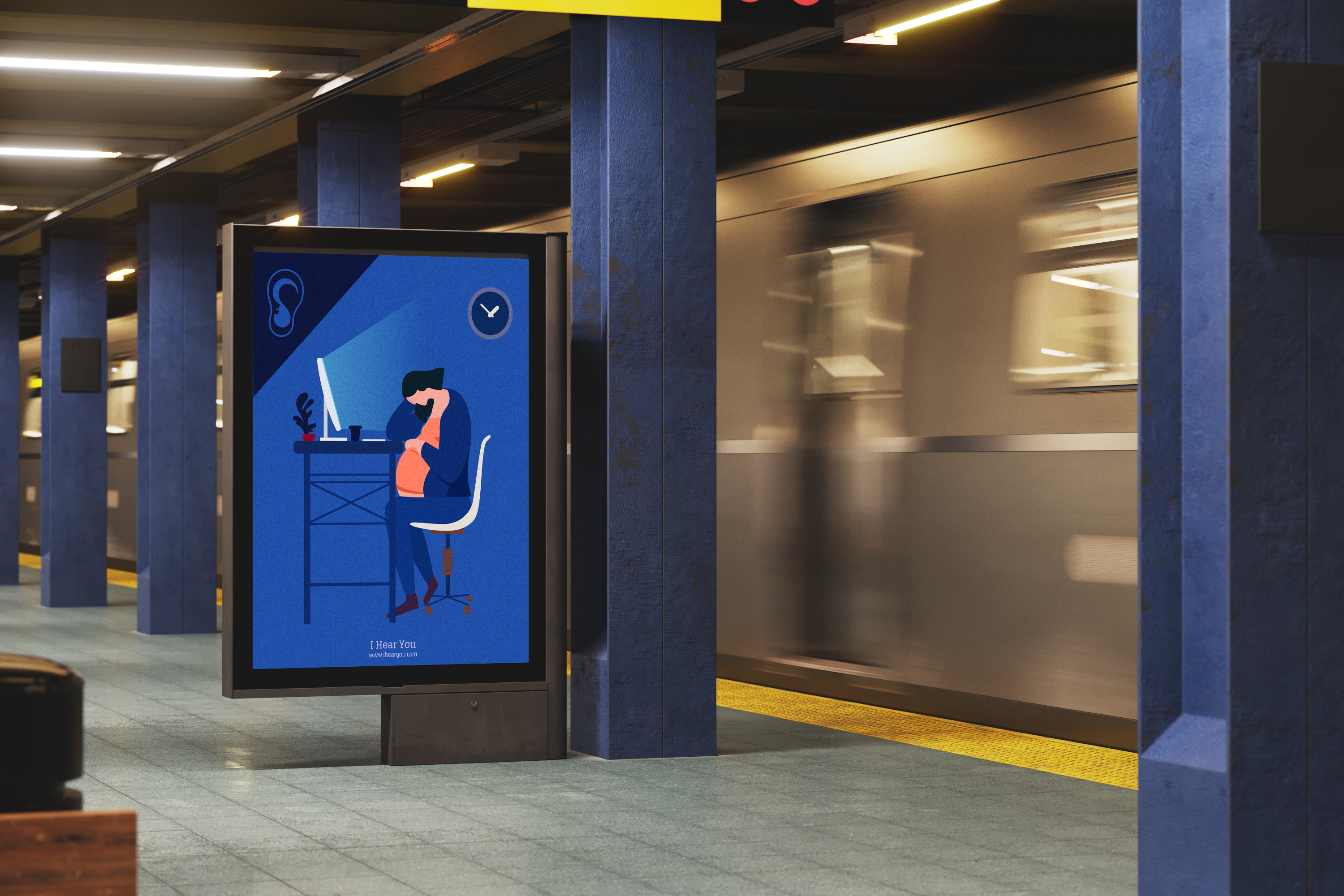 a campain poster about a pregnant woman who looks very tired is working at night