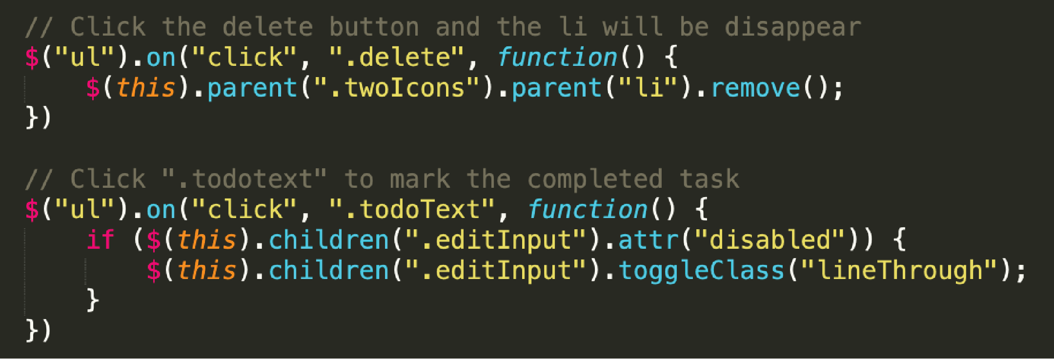 code of delete and mark function